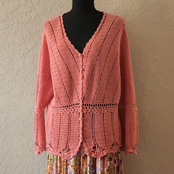 Crocheted Coral V Neck Sweater - Picture 1 of 2